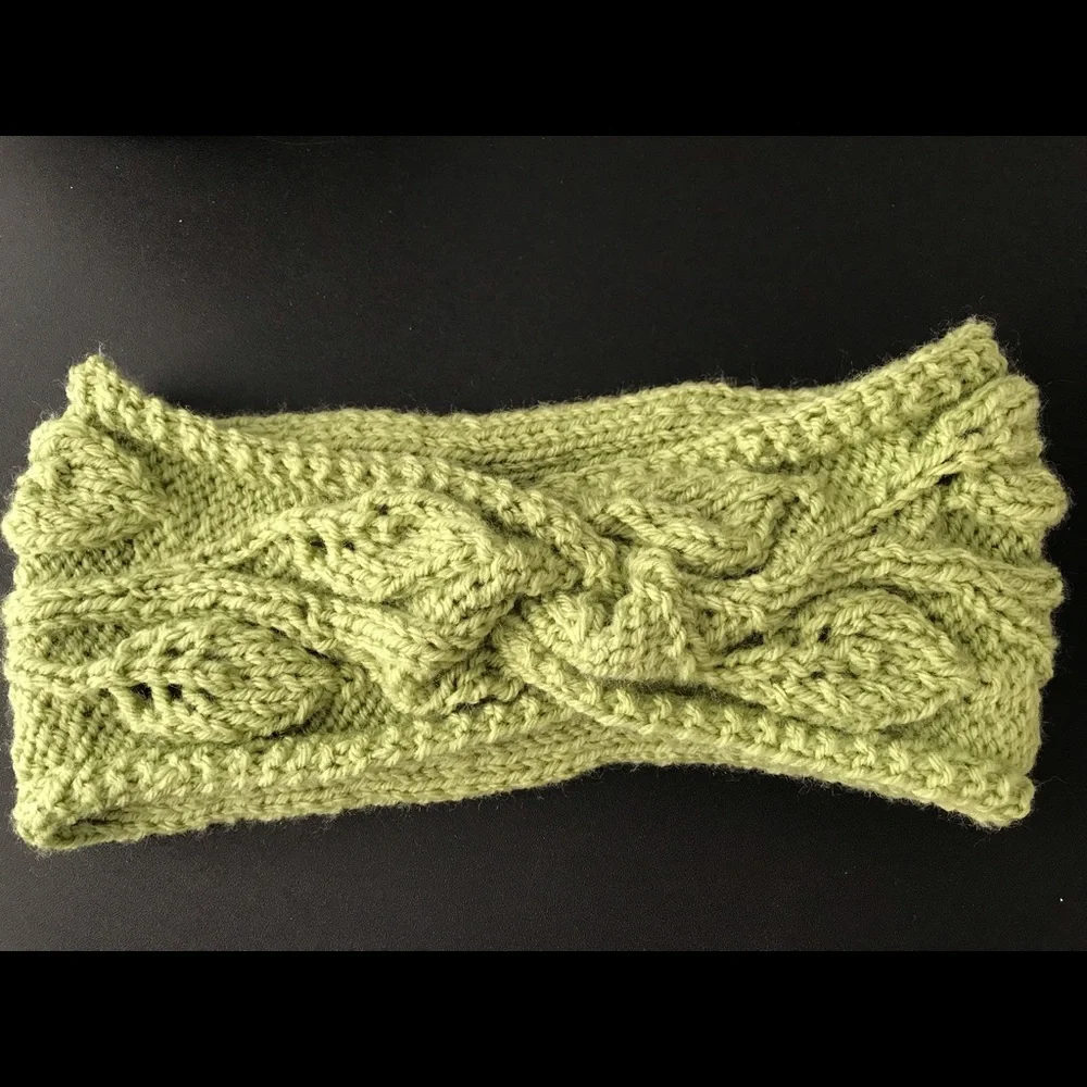 Green Leaves Twist-Front (or Back) Headband, Wool-Free